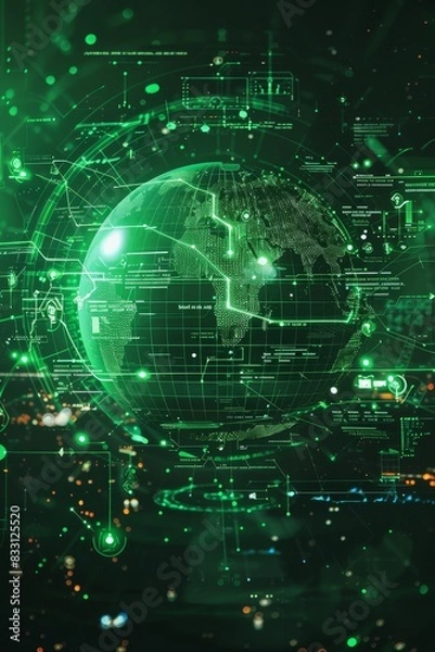 Obraz Green tech and icon for communication or data sharing on global dashboard and interface