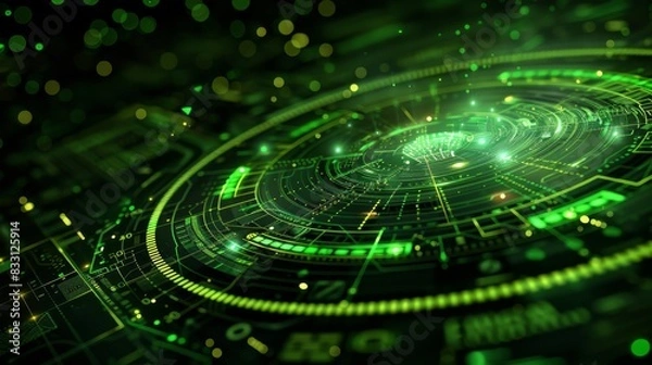 Fototapeta Green tech and icon for communication or data sharing on global dashboard and interface