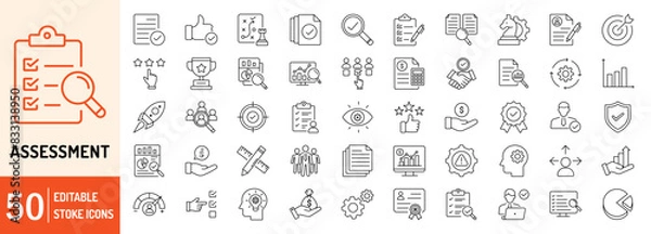 Fototapeta Assessment editable stroke outline web icons set. Audit, analysis, plan, evaluation, quality process, result and goal. Vector illustration