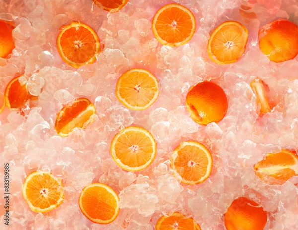 Obraz Fresh full and sliced Orange placed with crushed ice cubes, Ice orange drink, orange background, summer refreshing background.