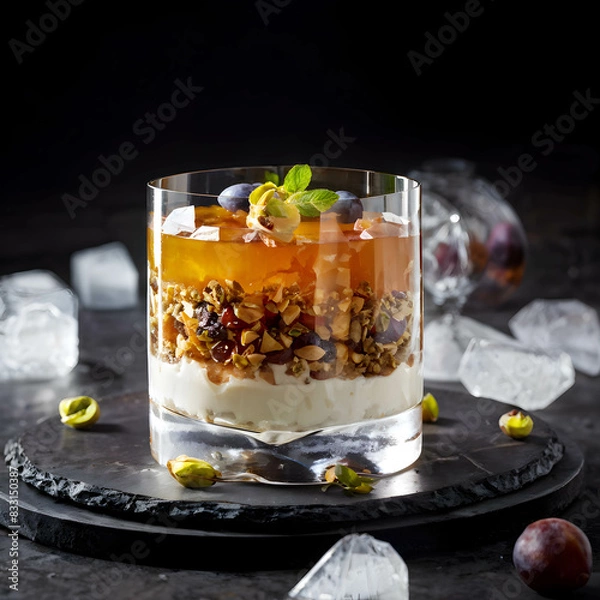 Fototapeta Crystal glass holding petir gateau, ice cream adorned with rum-infused flakes and raisins