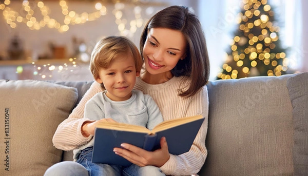 Obraz Story Time Magic- A mother cuddled on a couch reading a book to her child, both captivated