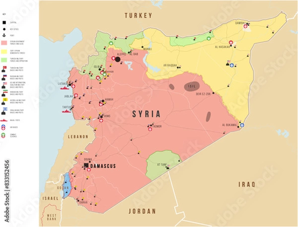 Fototapeta Syrian war map. Main conflict forces and international bases. Proxy war area. Vector illustration map. Geopolitical set concept.