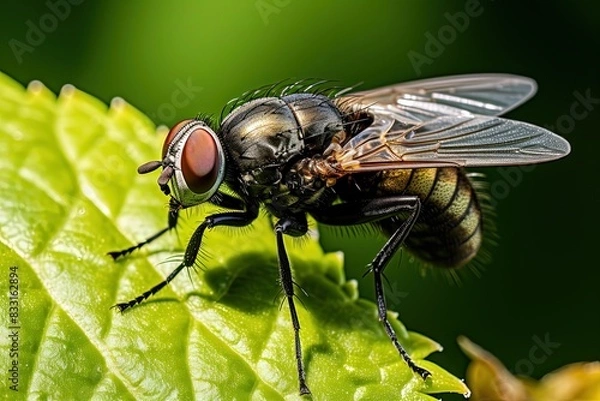 Obraz Close-up of a fly sitting on a green leaf. Common fly on a green leaf.