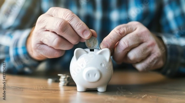 Obraz Hands of a man carefully inserting a coin into a white piggy bank, showcasing the commitment to building wealth and financial stability.