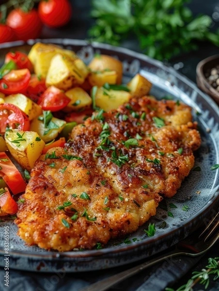 Fototapeta Delicious breaded schnitzel with herbs, served with potatoes and mixed vegetables