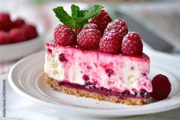Fototapeta Raspberry cheesecake or raspberry cream mousse cake.