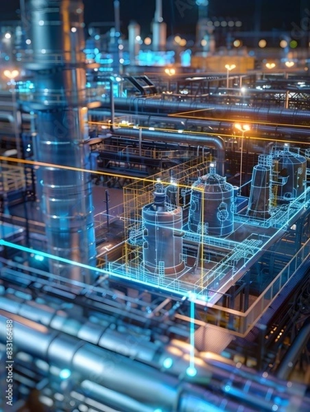 Fototapeta Illustration of Creating digital replicas of physical assets to simulate, predict, and optimize plant operations. Ai Generate.
