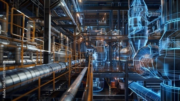 Obraz Illustration of Creating digital replicas of physical assets to simulate, predict, and optimize plant operations. Ai Generate.
