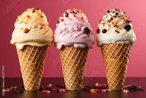 Fototapeta Three ice creams with three different flavors of strawberry, vanilla and banana on a bright background.