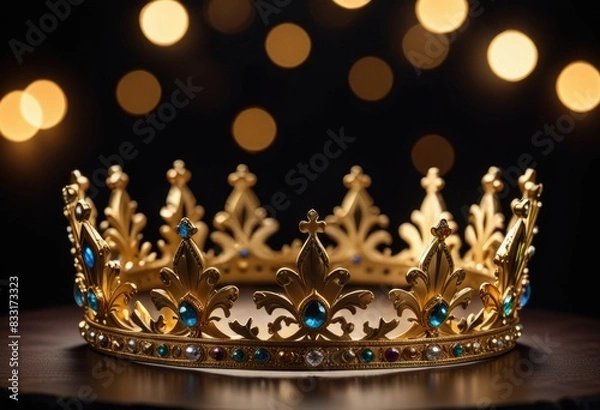 Obraz Create a photorealistic image of a majestic golden crown set against a dark background.