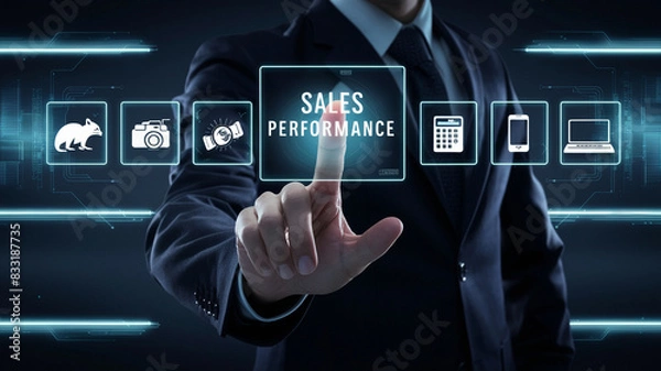 Fototapeta A businessman touches a virtual screen displaying "SALES PERFORMANCE" and related icons, symbolizing successful business growth. Flat lay photography on a dark background with copy space.
