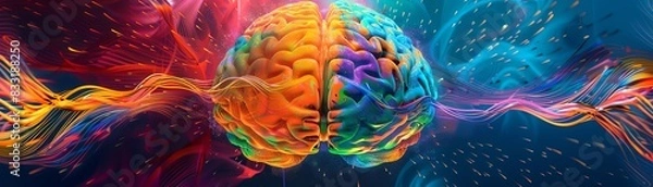 Fototapeta Beautiful conceptual art of cerebral hemispheres with colorful brainwaves, imaginative theme, vibrant, Composite, abstract science backdrop