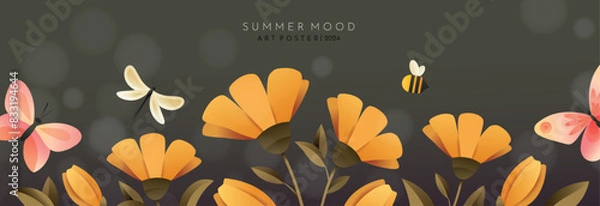 Fototapeta Bright banner with yellow flowers, butterflies, bee and dragonfly.   Yellowbuds, bright butterflies, horizontal vintage background. Summer illustration for banner, poster, advertising or flyer.