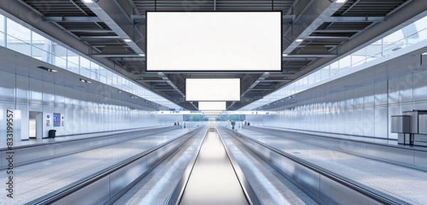 Fototapeta Modern baggage claim area in an airport with an ultra-wide blank billboard, uncluttered and spacious.