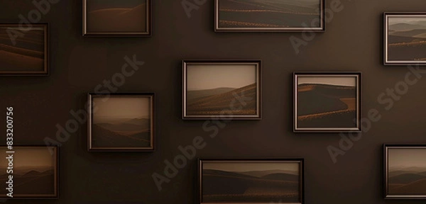 Fototapeta Gallery with small landscape frames arrayed on a dark chocolate wall, creating a rich, inviting space.