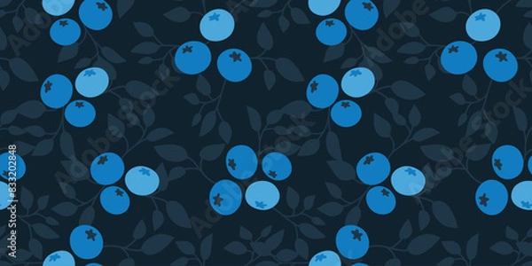 Fototapeta Blueberry seamless pattern. Flat blueberry fruit seamless pattern. Blueberry with leaf background for fabric, wrapping paper, wallpaper, textile, packaging, cover, interior, decoration, and other use.