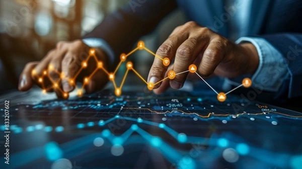 Fototapeta Businessmen touch the glowing arrow line chart of business growth and success, stock concept. The background shows business growth and success,