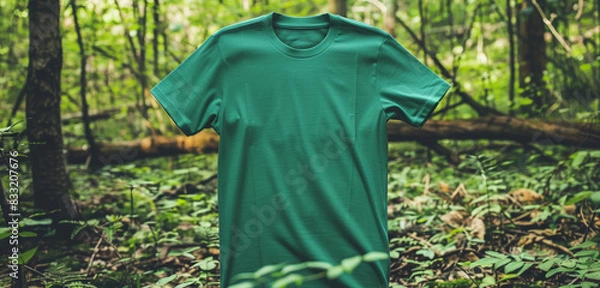 Fototapeta High-definition emerald green t-shirt mock-up displayed against a lush forest backdrop.