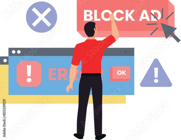 Fototapeta The boy is pointing at the block advertisement.