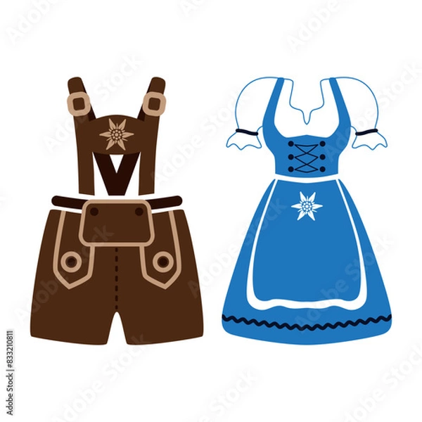 Fototapeta Dirndl and Lederhose. Traditional costumes of Bavaria. Women's dress and men's leather shorts. Oktoberfest. Traditions of Germany. Vector illustration isolated on a white background.