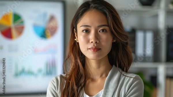 Fototapeta Present an Asian business woman standing beside a presentation screen with a chart, white background