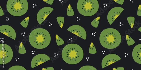 Fototapeta Kiwi fruits vector seamless pattern. Green kiwi fruit decorative background. Tropical fresh kiwi vector design for fabric, paper, wallpaper, cover, interior decoration. Vector illustration