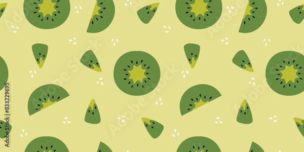 Fototapeta Kiwi fruits vector seamless pattern. Green kiwi fruit decorative background. Tropical fresh kiwi vector design for fabric, paper, wallpaper, cover, interior decoration. Vector illustration
