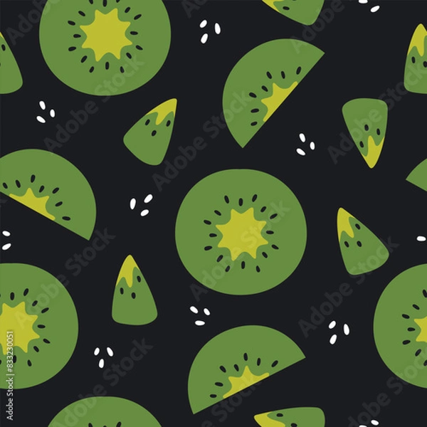 Fototapeta Kiwi fruits vector seamless pattern. Green kiwi fruit decorative background. Tropical fresh kiwi vector design for fabric, paper, wallpaper, cover, interior decoration. Vector illustration