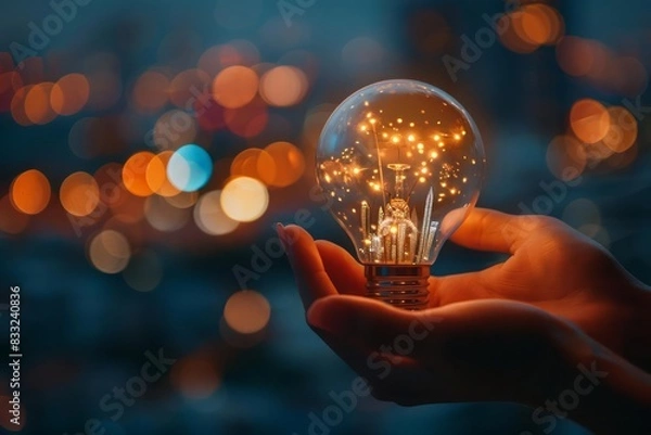 Fototapeta A closeup of hands holding a light bulb with a cityscape inside, glowing warmly The background features a bokeh effect of city lights, creating a dreamy urban atmosphere at dusk