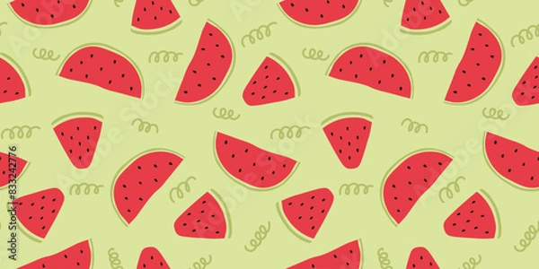 Fototapeta Watermelon slices seamless pattern. Flat watermelon fruit seamless pattern. Vector repeat background with watermelon slices for fabric, paper, wallpaper, cover, interior decoration, and other use.