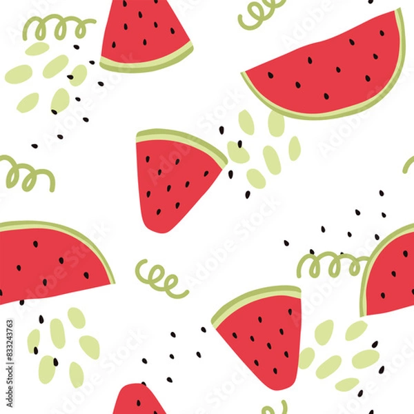 Fototapeta Watermelon slices seamless pattern. Flat watermelon fruit seamless pattern. Vector repeat background with watermelon slices for fabric, paper, wallpaper, cover, interior decoration, and other use.