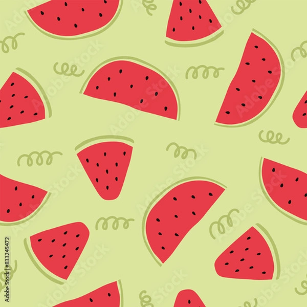 Fototapeta Watermelon slices seamless pattern. Flat watermelon fruit seamless pattern. Vector repeat background with watermelon slices for fabric, paper, wallpaper, cover, interior decoration, and other use.