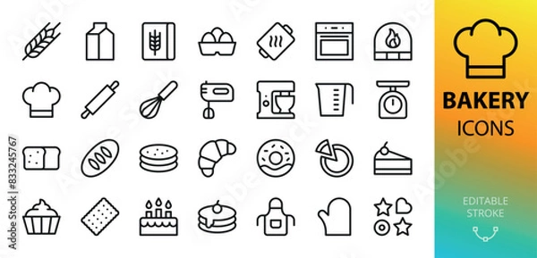 Fototapeta Bakery isolated icons set. Set of bread, loaf, lavash, pie, cake, donut, croissant, cheesecake, pancakes, cupcake, oven, stove, mixer, baking tools, bakery ingredients, pita bread vector icon