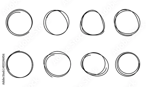 Fototapeta Hand drawn circle line sketch. circular scribble doodle round circles for message note mark design element with collection of different brush drawn black circles. Marker round elements with artboard.