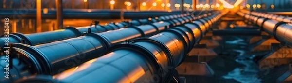 Obraz A warm sunset casts a golden glow on a network of industrial pipelines, reflecting the intersection of technology and nature.