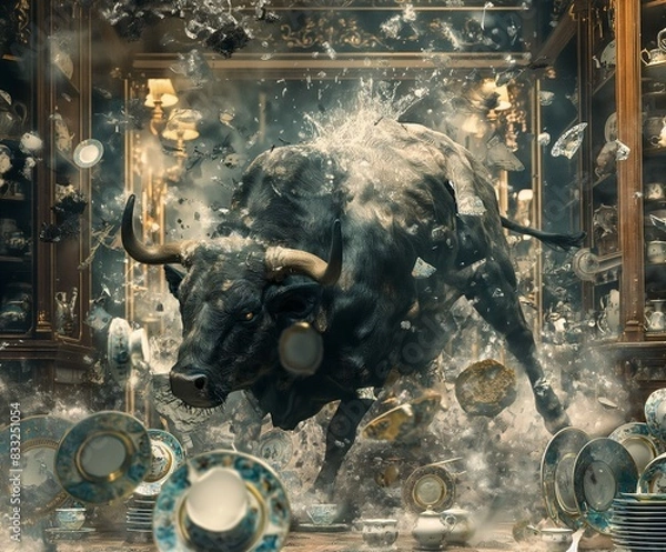 Fototapeta Powerful Bull Charging Through Delicate China Shop – Dynamic Scene of Chaos and Destruction