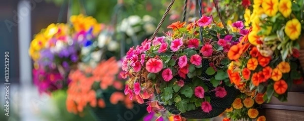 Obraz Vibrant hanging flowers baskets in bloom.