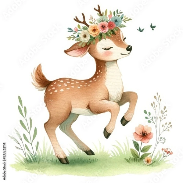 Fototapeta A deer with flowers on its head is standing in a field