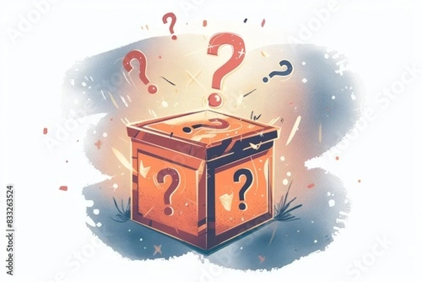 Fototapeta A fun mystery box with question marks flying out of it, fun quiz box, logo, illustration