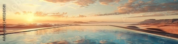 Obraz Infinity pool with a panoramic view of a desert, sunset casting long shadows and warm light, minimalist and serene, realistic style, smooth transitions and soft edges