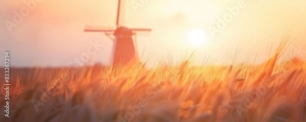 Fototapeta Beautiful blurred rural landscape background, huge golden wheat field with windmill at sunset, for background poster banner design.