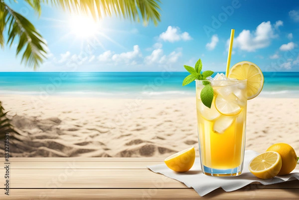 Fototapeta The cold lemonade of the beach bar, the background of the tropical ocean,
Summer Beach Background Poster Banner Illustration Design, ai