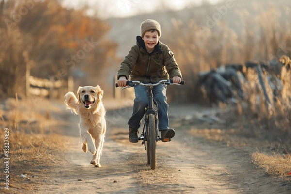 Fototapeta Smiling young boy enjoys a bike ride on a dusty trail with his loyal golden retriever running alongside at sunset