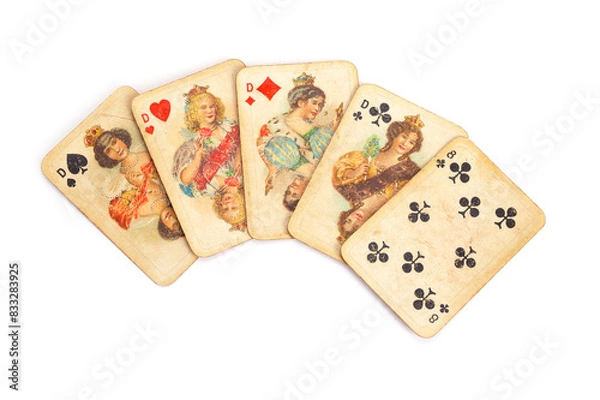 Fototapeta Four of a Kind poker vintage playing cards isolated on completely white background