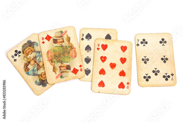 Fototapeta Two Pair poker vintage playing cards isolated on completely white background