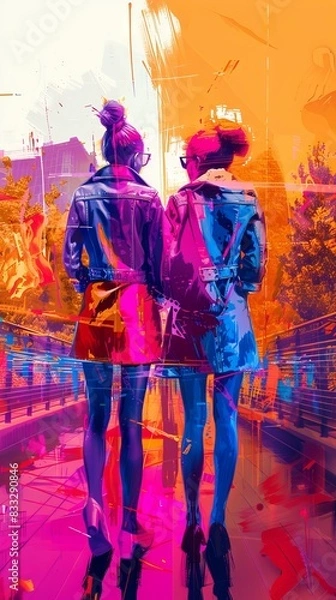 Fototapeta Vibrant abstract painting of two women walking in colorful scenery, emphasizing friendship and modern art in an urban setting.