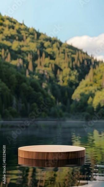 Fototapeta A round wooden podium floating on the surface of a lake