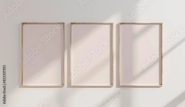 Fototapeta 3 vertical wooden frames mockup on wall, white and pink background