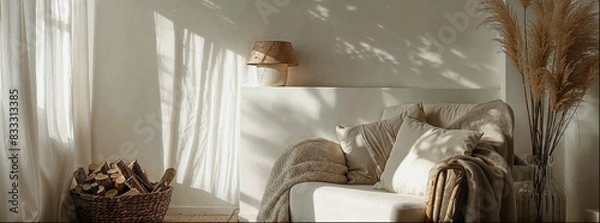 Fototapeta Modern interior design with a light wood color palette, neutral colors, clean lines and a minimalist aesthetic. Natural warm light with long shadows.
